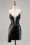 Sparkly Navy Satin Beaded Corset Short Cocktail Dress with Sash