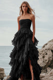 Fuchsia Organza Strapless Long Ball Gown Formal Dress with Ruffles