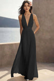 Ivory Pleated Chiffon Deep V-Neck Maxi Boho Formal Dress