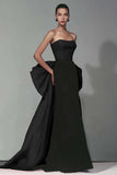 Black and Red Strapless Sheath Maxi Formal Dress with Bow