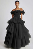 Black Tulle Off The Shoulder Ball Gown Long Formal Dress with Ruffles