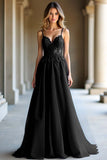 A Line Dark Blue Spaghetti Straps Sweetheart Long Formal Dress