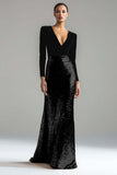 Sparkly Gold and Black V-Neck Sheath Long Formal Dress