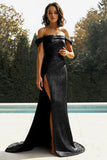 Gold Off The Shoulder Sheath Metallic Formal Dress With Slit