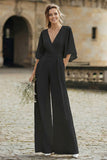 Simple Ivory V-Neck Flutter Sleeves Wedding Jumpsuit with Pocket