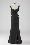 Dusty Blue Ruffled Sheath Chiffon Long Bridesmaid Dress with Slit