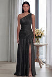 Glitter Pleated A Line Golden Long One Shoulder Formal Dress with Slit