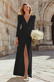 Simple Ivory Sheath Deep V-Neck Long Sleeves Wedding Dress with Slit