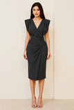 Black Satin Midi V Neck Ruched Bodycon Formal Dress