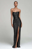 Sparkly Silver Strapless Sheath Long Formal Dress With Slit