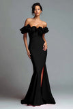 Black and Red Mermaid Ruffled Satin Long Formal Dress with Slit