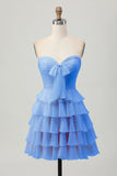 Black Sweetheart A Line Tiered Short Cocktail Dress with Bow