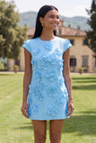 Yellow Round Neck Bodycon Short Formal Dress with 3D Flowers