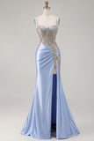 Sparkly Dark Green Satin Mermaid Beaded Sequin Long Formal Dress with Slit