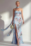Mermaid Pink Strapless Floral Printed Long Bridesmaid Dress with Slit