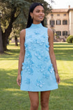 Hot Pink High Neck A-Line Short Formal Dress with 3D Flowers
