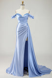 Mermaid Off the Shoulder Beaded Ruched Satin Golden Long Formal Dress with Slit
