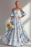 A-Line Pink Strapless Floral Long Bridesmaid Dress with Puff Sleeves