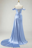 Mermaid Off the Shoulder Beaded Ruched Satin Golden Long Formal Dress with Slit