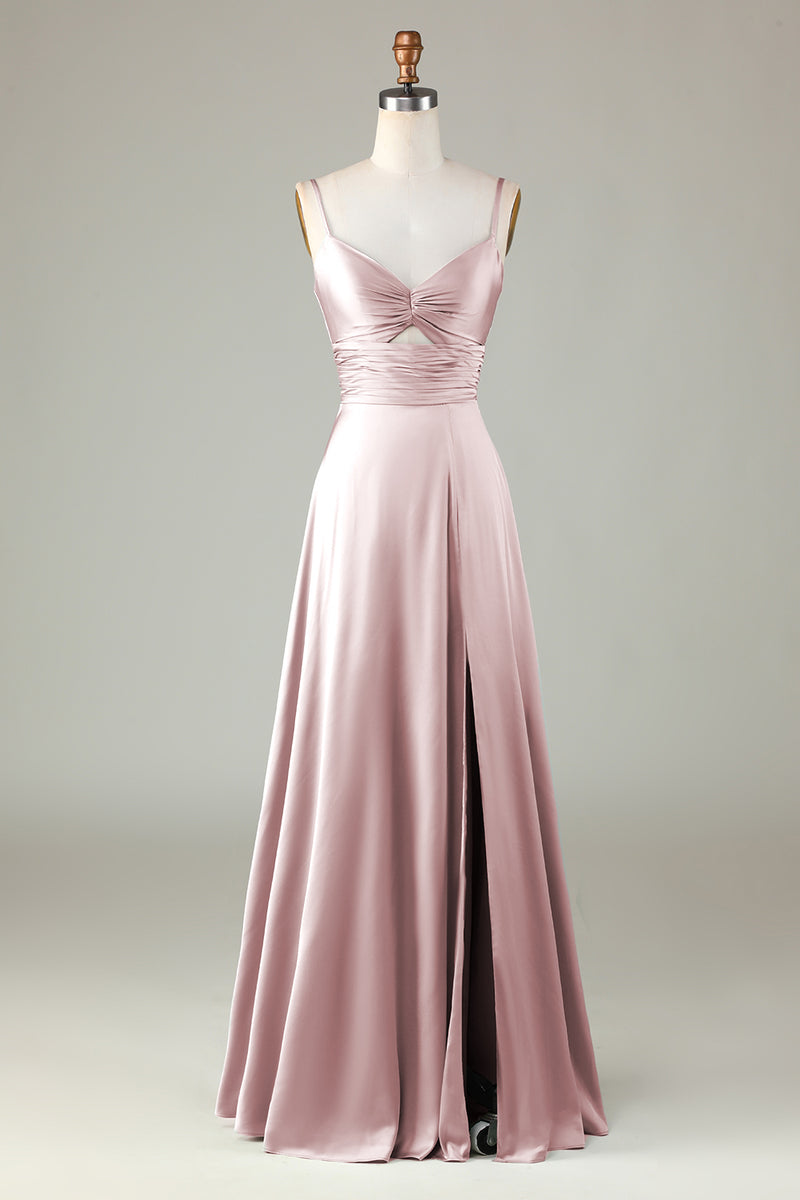 Load image into Gallery viewer, Keyhole Spaghetti Straps Matcha Bridesmaid Dress with Slit
