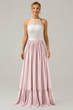 Eucalyptus Keyhole Boho Chiffon Long Bridesmaid Dress with Lace