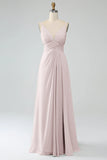 Dusty Sage A-Line Spaghetti Straps Pleated Chiffon Long Bridesmaid Dress