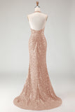 Sparkly Burgundy Mermaid Halter Sequin Long Prom Dress with Slit
