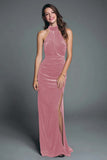 Halter Burgundy Velvet Sheath Ruched Formal Dress with Slit