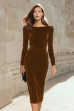 Dark Green Sheath Velvet Ruched Midi Work Dress with Long Sleeve