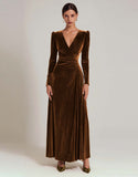 Olive Velvet A-Line V-Neck Formal Dress With Long Sleeves