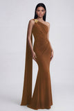 Olive Mermaid One Shoulder Long Formal Dress with Side Cape