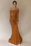 White Off The Shoulder Satin Mermaid Formal Dress with Long Sleeves