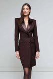 Satin Black Peak Lapel Midi Work Dress with Sleeves