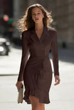 Ivory Notched Lapel Ruffled Long Sleeve Bodycon Work Dress