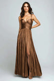 Sliver A Line Metallic Pleated Long Formal Dress With Slit