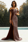 Gold Off The Shoulder Sheath Metallic Formal Dress With Slit