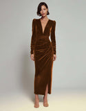 Olive Sheath V-Neck Ruched Velvet Long Formal Dress with slit