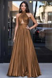 Gold A Line Metallic Halter Neck Pleated Long Formal Dress with Keyhole
