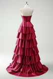 Burgundy Princess Sweetheart Beaded Tiered Corset Long Prom Dress with Slit