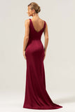 Burgundy Sheath V Neck Ruched High-Low Bridesmaid Dress with Slit