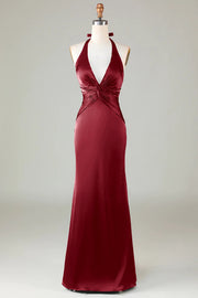 Mermaid Halter Burgundy Satin Long Bridesmaid Dress