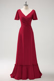 Burgundy Ruffle Wrap Short Sleeves A-Line Long Satin Bridesmaid Dress