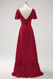 Burgundy Ruffle Wrap Short Sleeves A-Line Long Satin Bridesmaid Dress