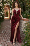 Burgundy Mermaid Velvet Corset Spaghetti Straps Long Holiday Dress with Slit