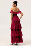 Candy Pink A Line Off the Shoulder Tiered  Pleated Long Bridesmaid Dress with Slit