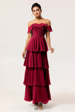 Candy Pink A Line Off the Shoulder Tiered  Pleated Long Bridesmaid Dress with Slit