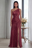 Glitter Pleated A Line Golden Long One Shoulder Formal Dress with Slit