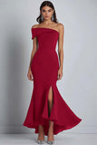 Navy Crepe One Shoulder Sheath Formal Dress with Slit
