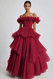 Black Tulle Off The Shoulder Ball Gown Long Formal Dress with Ruffles
