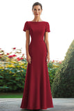 Royal Blue Crepe Satin Sheath Short Sleeves Long Mother Of Bride Dress